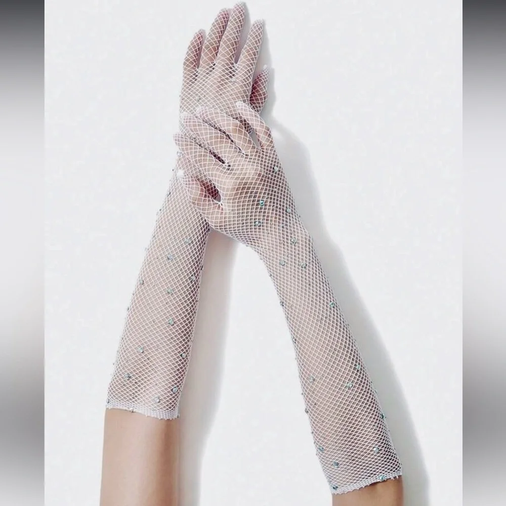 White Fishnet Mesh Rhinestone Gloves NEW 🏷️